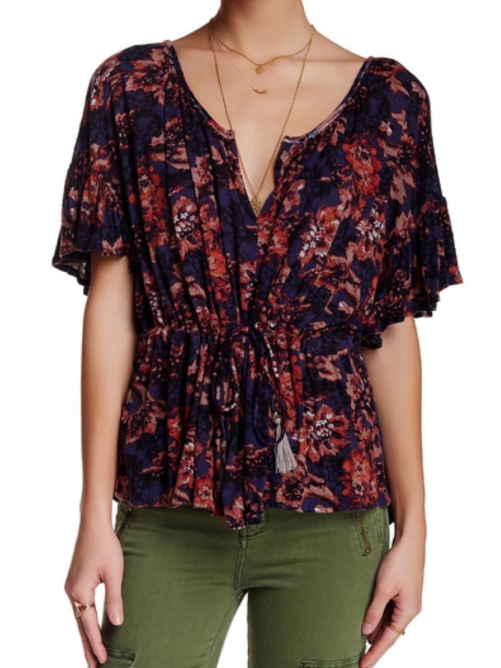 Free People Riverbend Ruffle Sleeve Floral Peplum V-Neck Top in Navy Blue